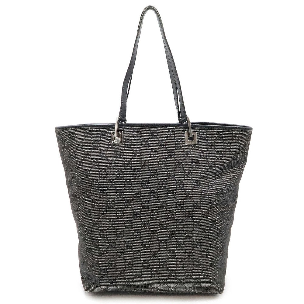 Gucci GG Denim Tote Bag Shoulder Bucket Leather Black